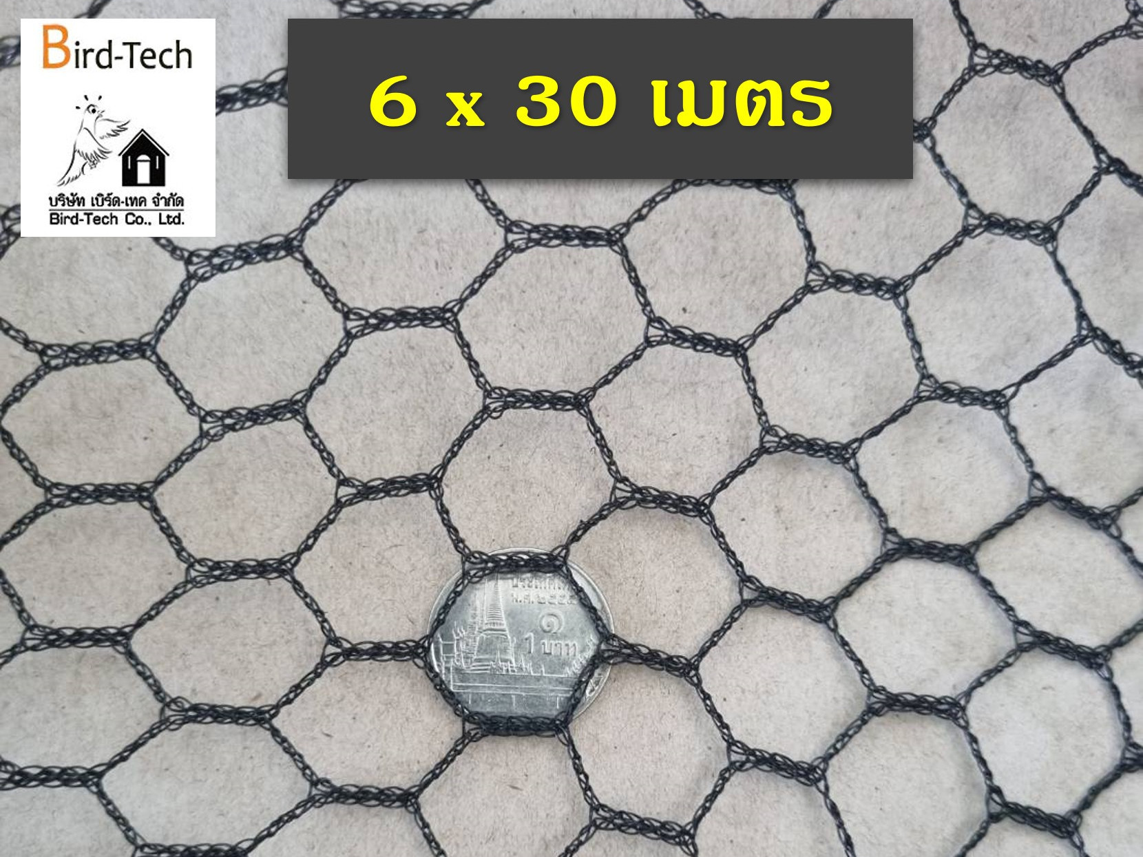 ตาข่ายกันนก HDPE ชนิดหกเหลี่ยม (1.5x1.5 ซม., 6x30 ม.)