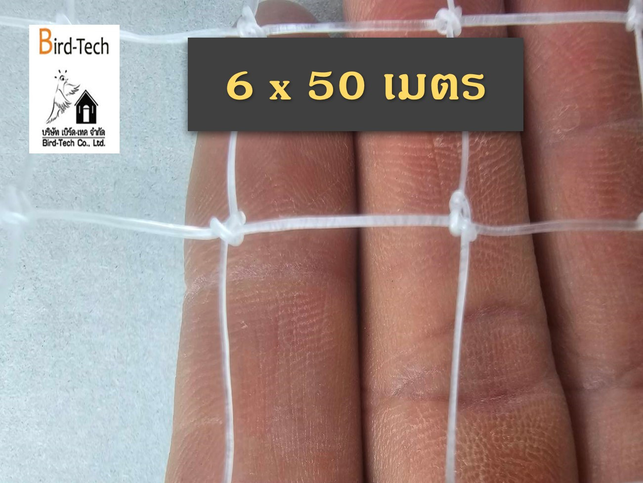 ตาข่ายกันนก HDPE เอ็นถักสีขาว (1.8x1.8 ซม., 6x50 ม.)